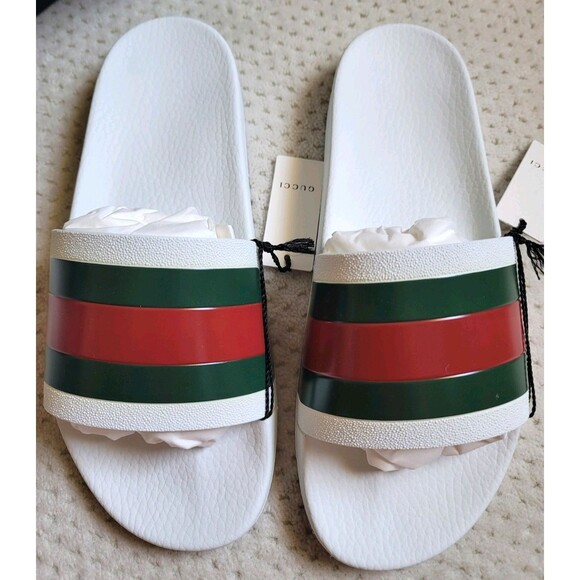 NIB GUCCI Pursuit Stripes White Pool Slides Mens - White Gucci Web, Size US 8 - Picture 4 of 9